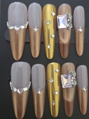 Hand Crafted Metallic Gold & Taupe Rhinestone Press-On Nails